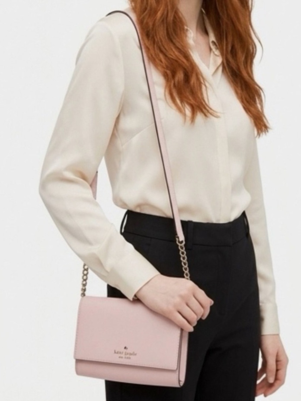 New Kate Spade Leather Shoulder Crossbody Bag Clutch Light Pink Chain Detail
